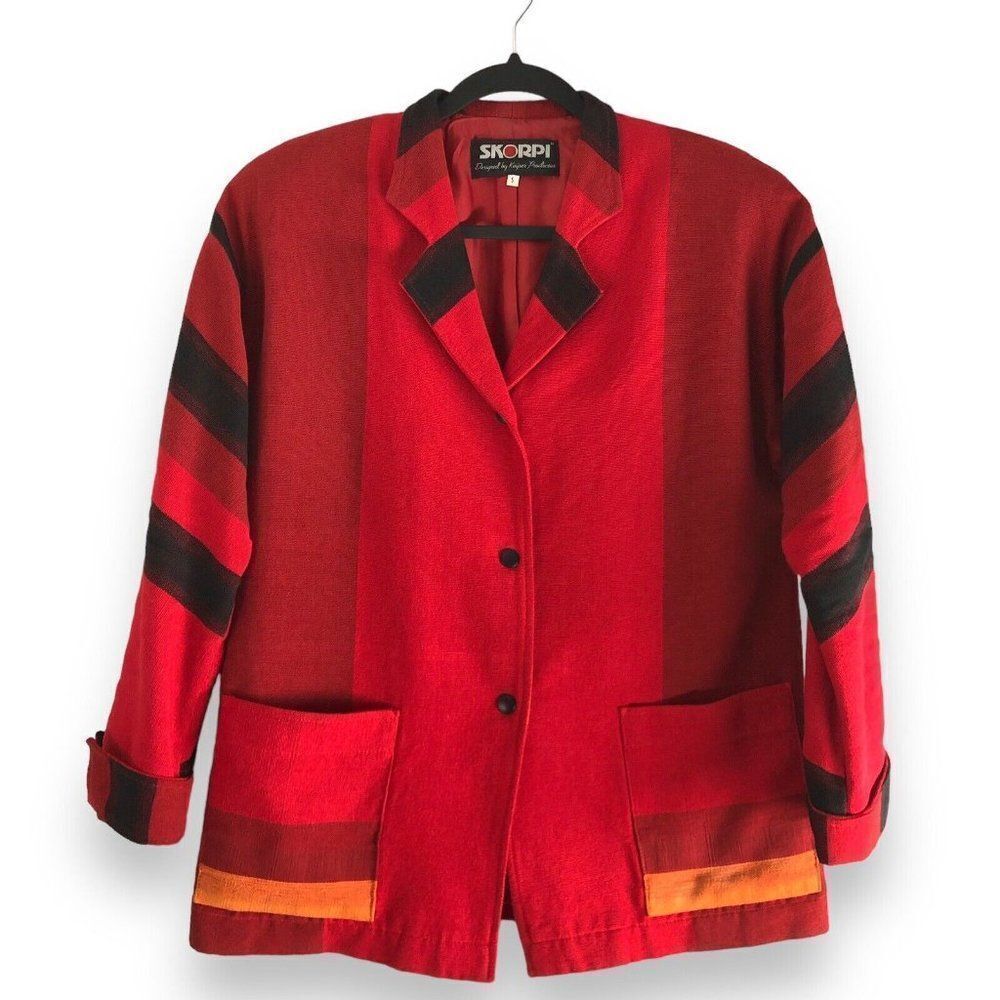 Skorpi Size Small Blazer Red Orange Black Cotton Vintage Lagenlook Artsy Quirky
